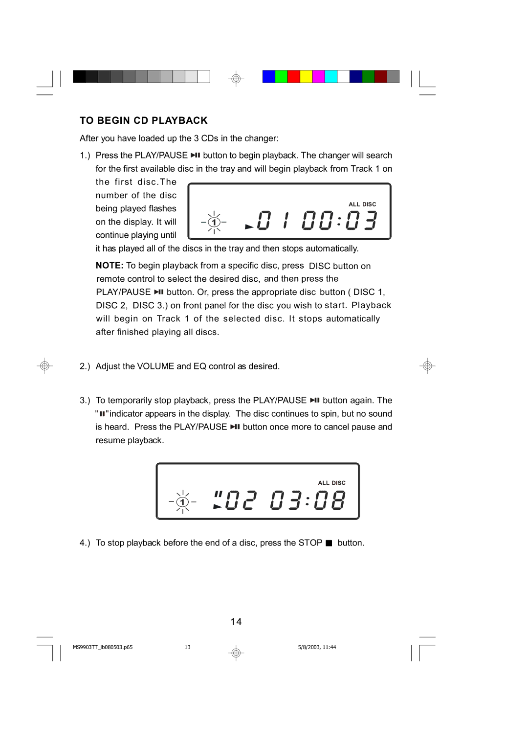 Emerson MS9904TTC owner manual To Begin CD Playback 