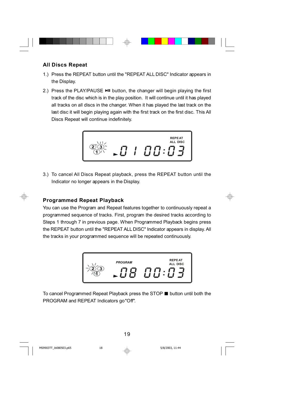 Emerson MS9904TTC owner manual All Discs Repeat, Programmed Repeat Playback 