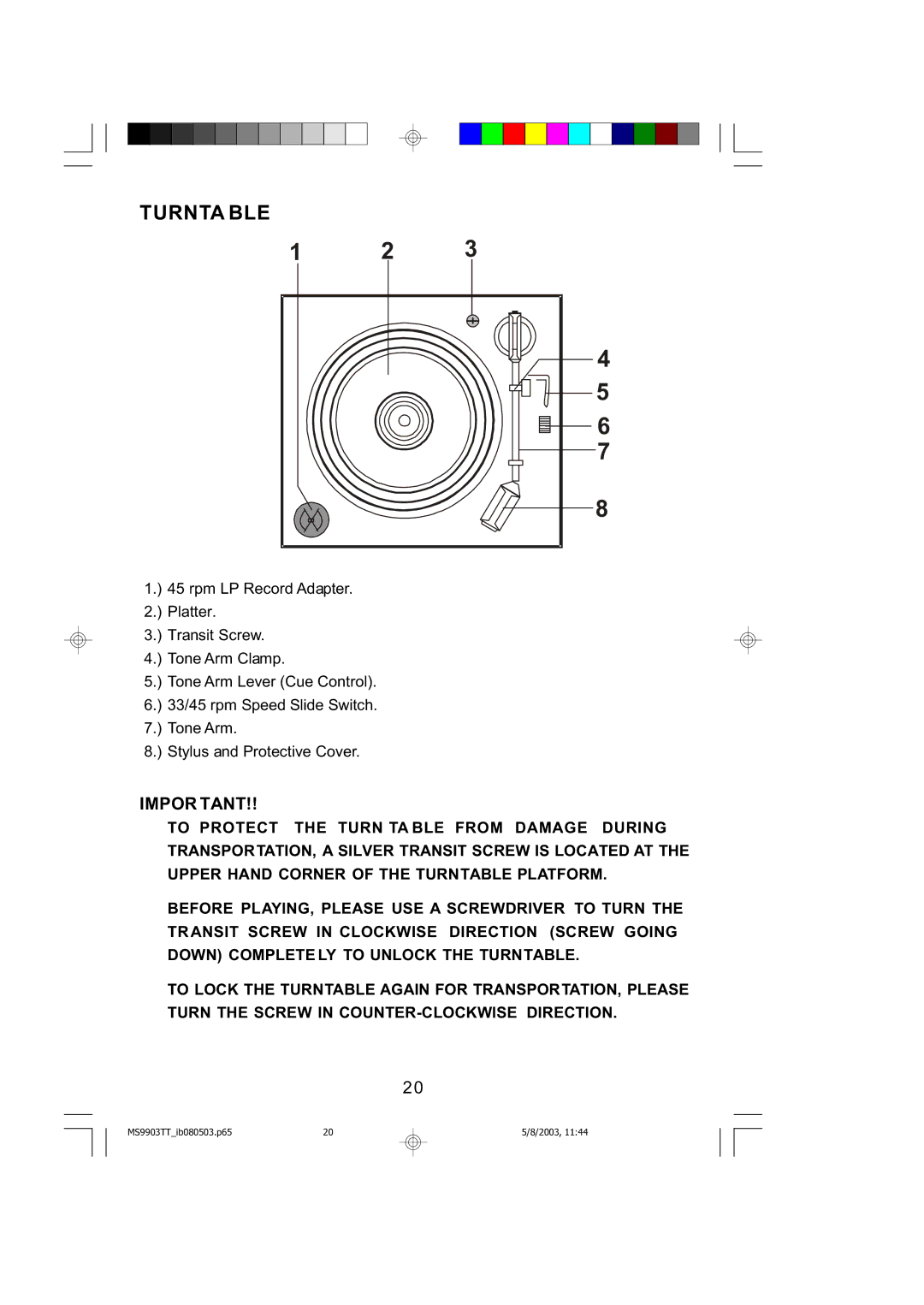 Emerson MS9904TTC owner manual Turnta BLE, Impor Tant 