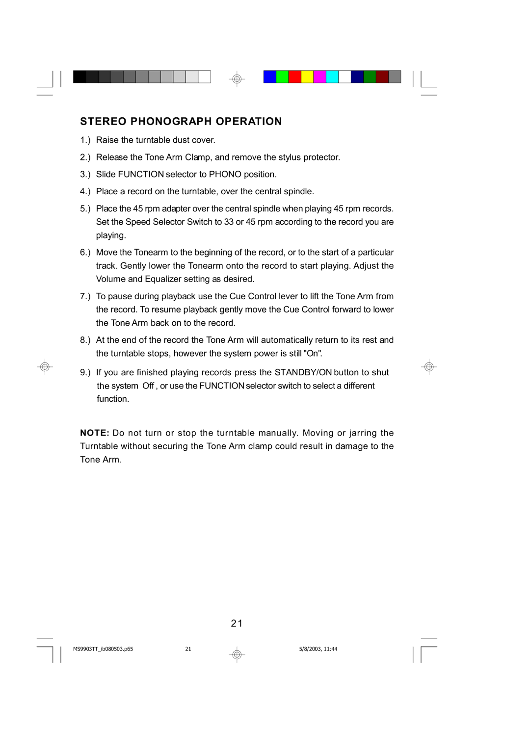 Emerson MS9904TTC owner manual Stereo Phonograph Operation 