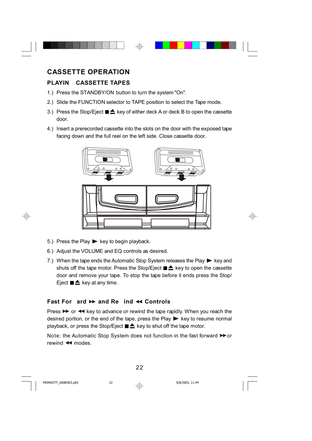 Emerson MS9904TTC owner manual Playing Cassette Tapes, Fast Forward and Rewind Controls 