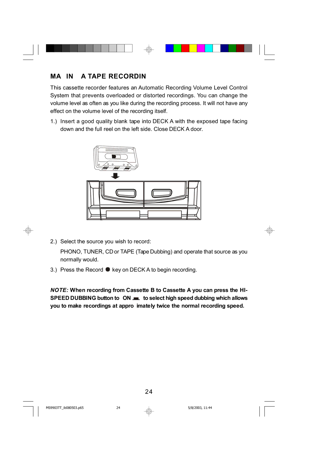 Emerson MS9904TTC owner manual Making a Tape Recording 