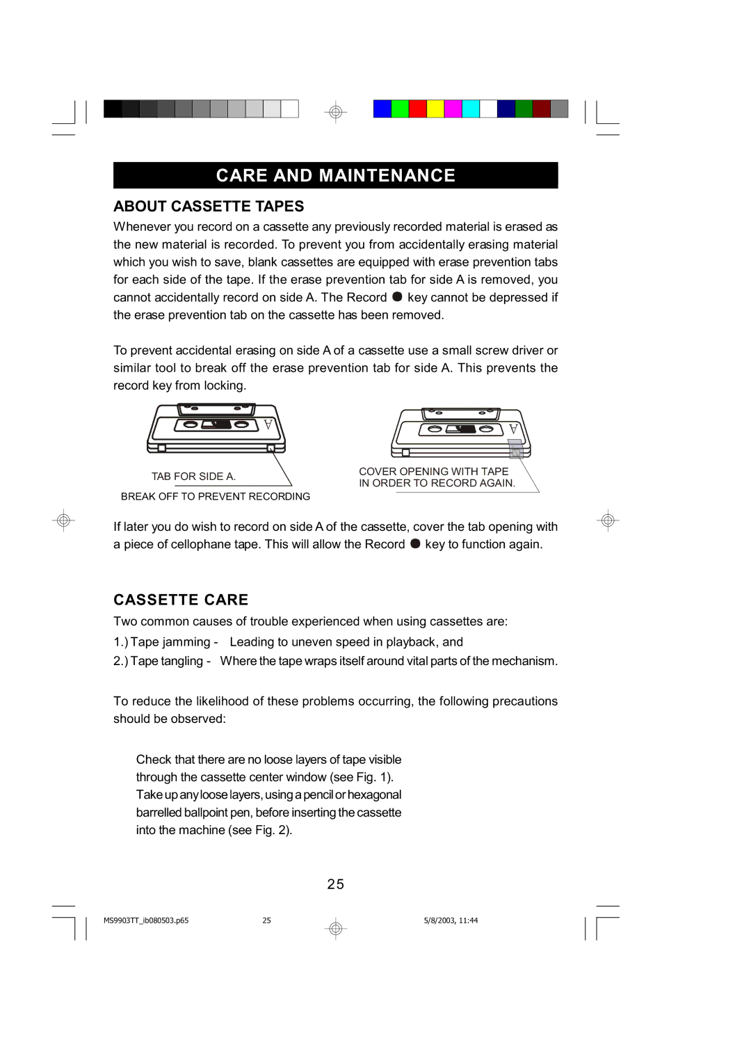 Emerson MS9904TTC owner manual About Cassette Tapes, Cassette Care 