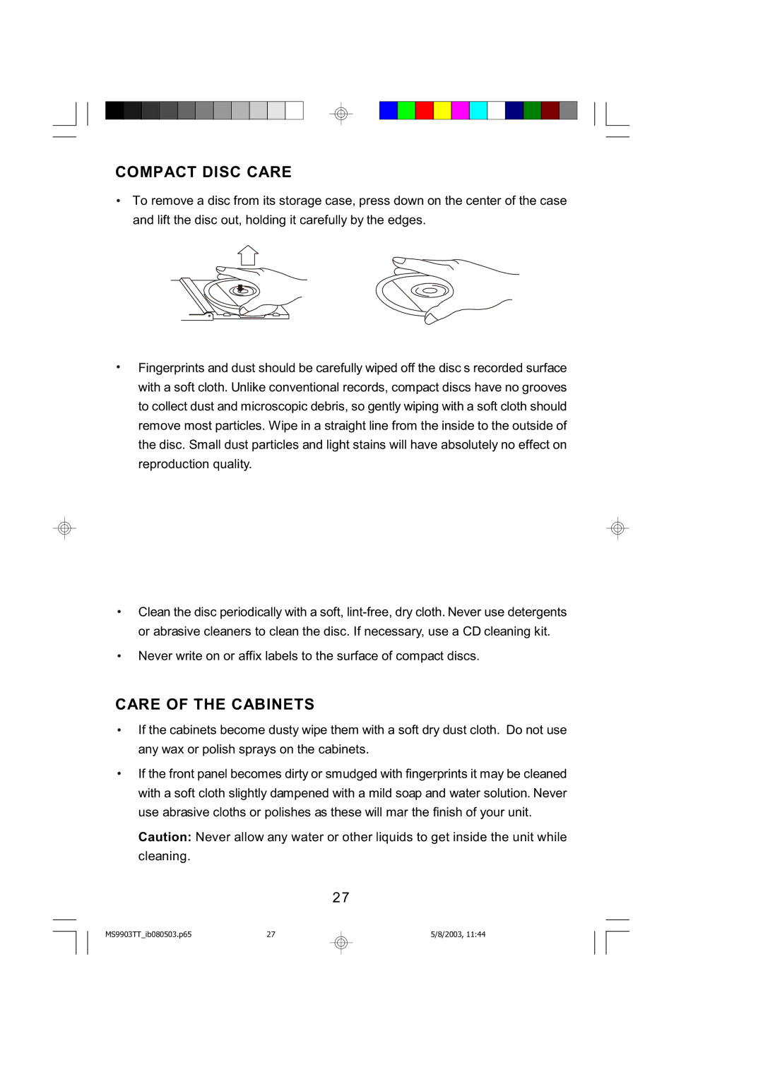 Emerson MS9904TTC owner manual Compact Disc Care, Care of the Cabinets 