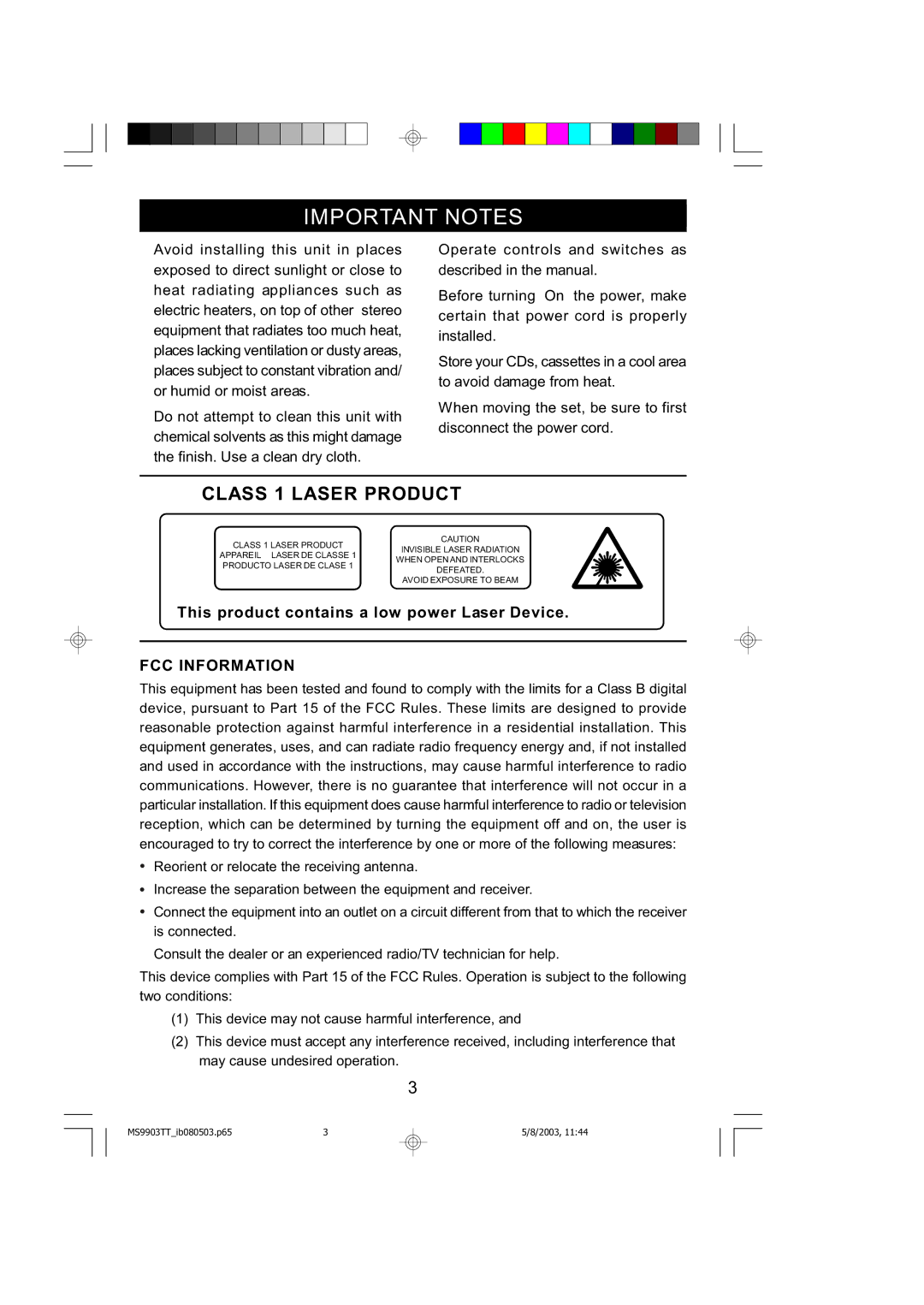 Emerson MS9904TTC owner manual Important Notes, Class 1 Laser Product 