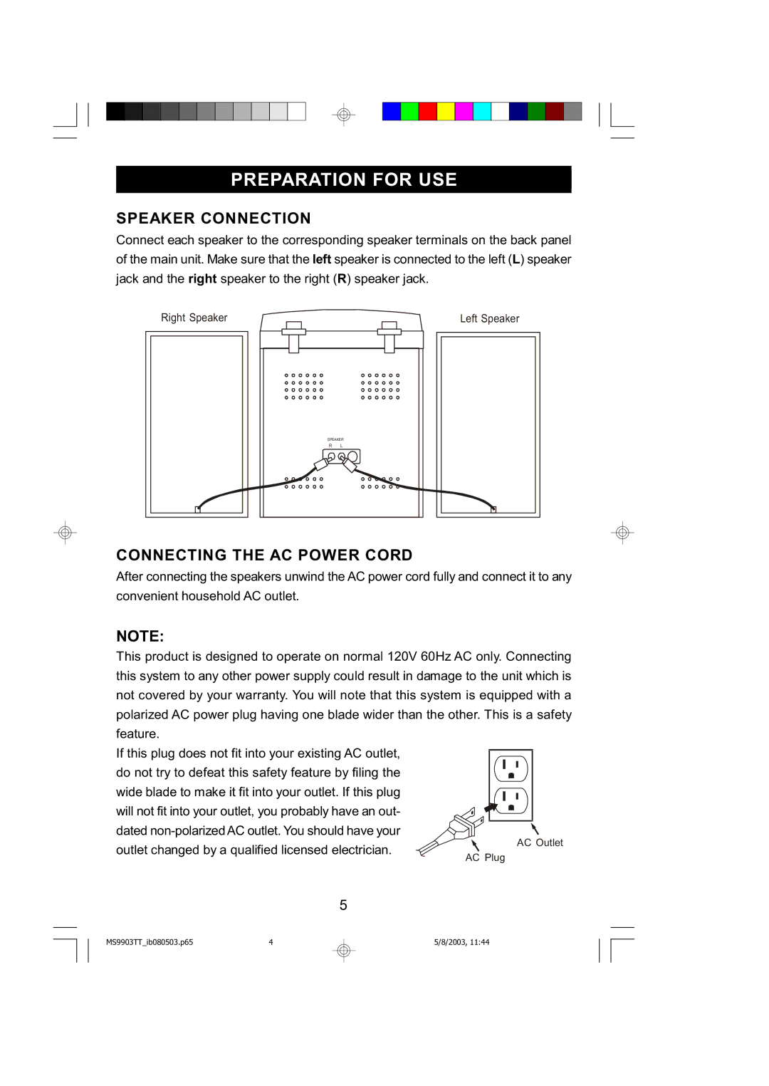 Emerson MS9904TTC owner manual Speaker Connection, Connecting the AC Power Cord 