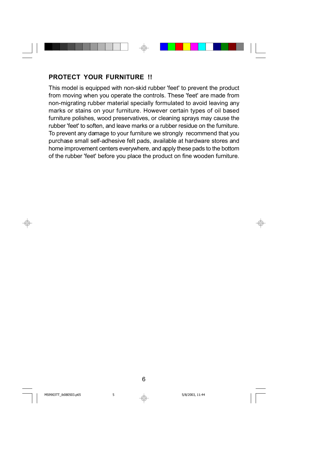 Emerson MS9904TTC owner manual Protect Your Furniture 