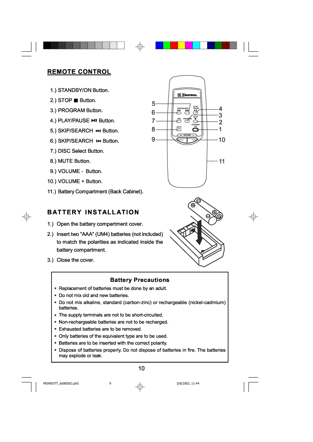 Emerson MS9904TTC owner manual Remote Control, Batte Ry I Ns Tallatio N, Battery Precautions, 4 3 2 1 