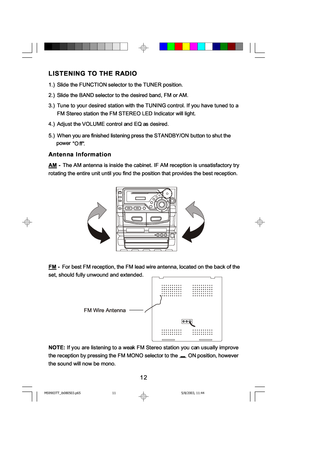 Emerson MS9904TTC owner manual Listening To The Radio, Antenna Information, FM Wire Antenna 