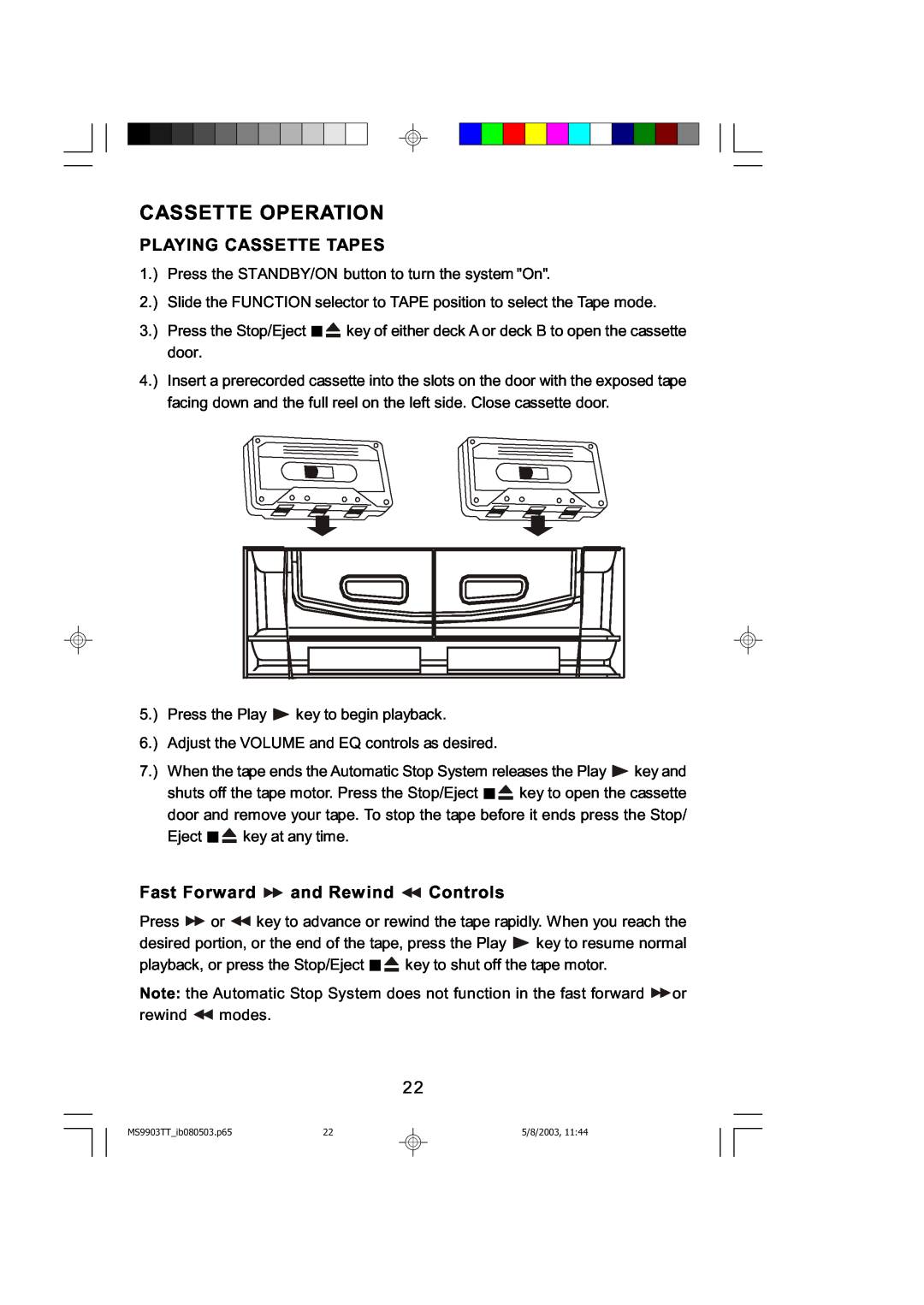 Emerson MS9904TTC owner manual Cassette Operation, Playing Cassette Tapes, Fast Forward and Rewind Controls 