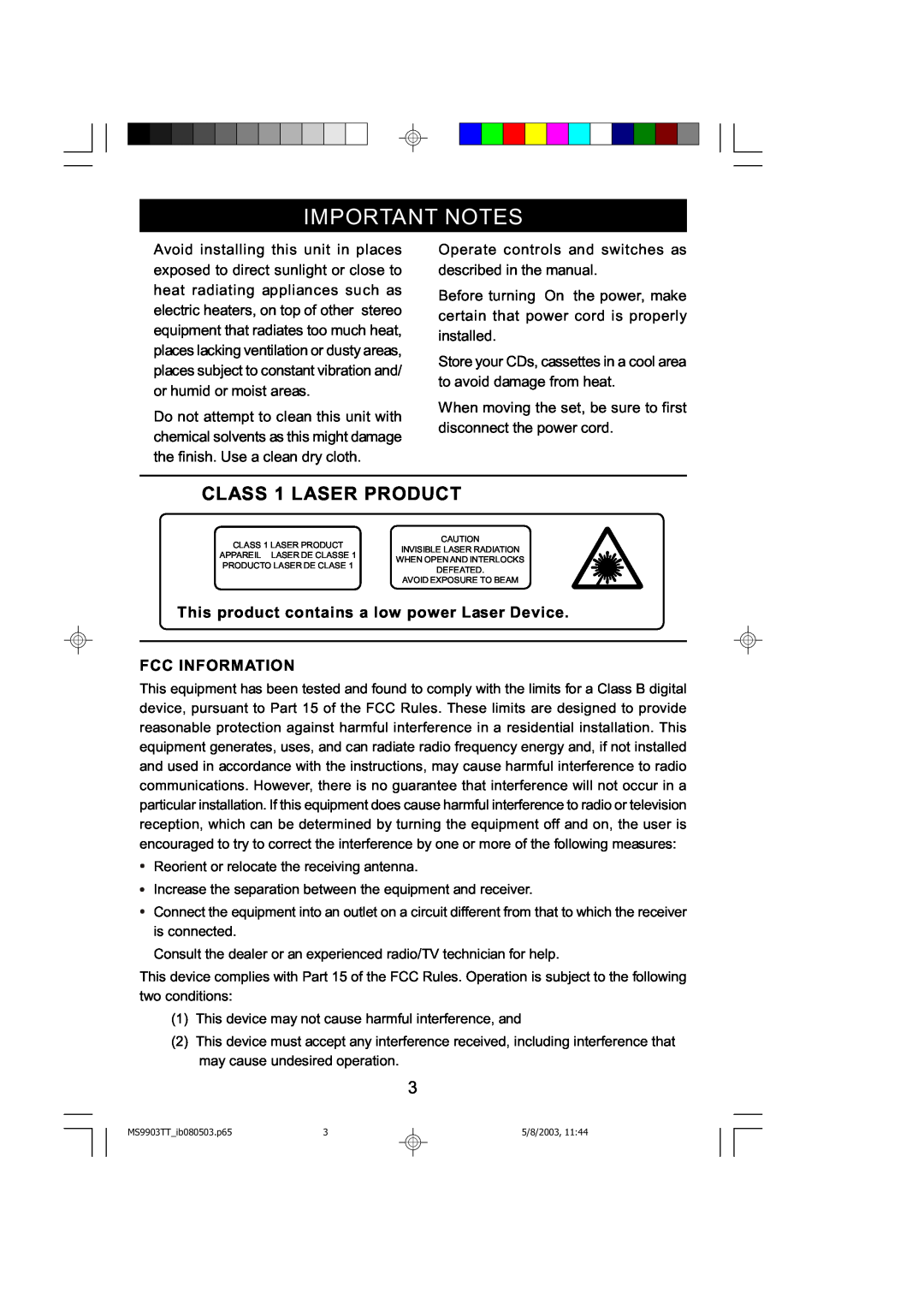 Emerson MS9904TTC owner manual CLASS 1 LASER PRODUCT, Important Notes 