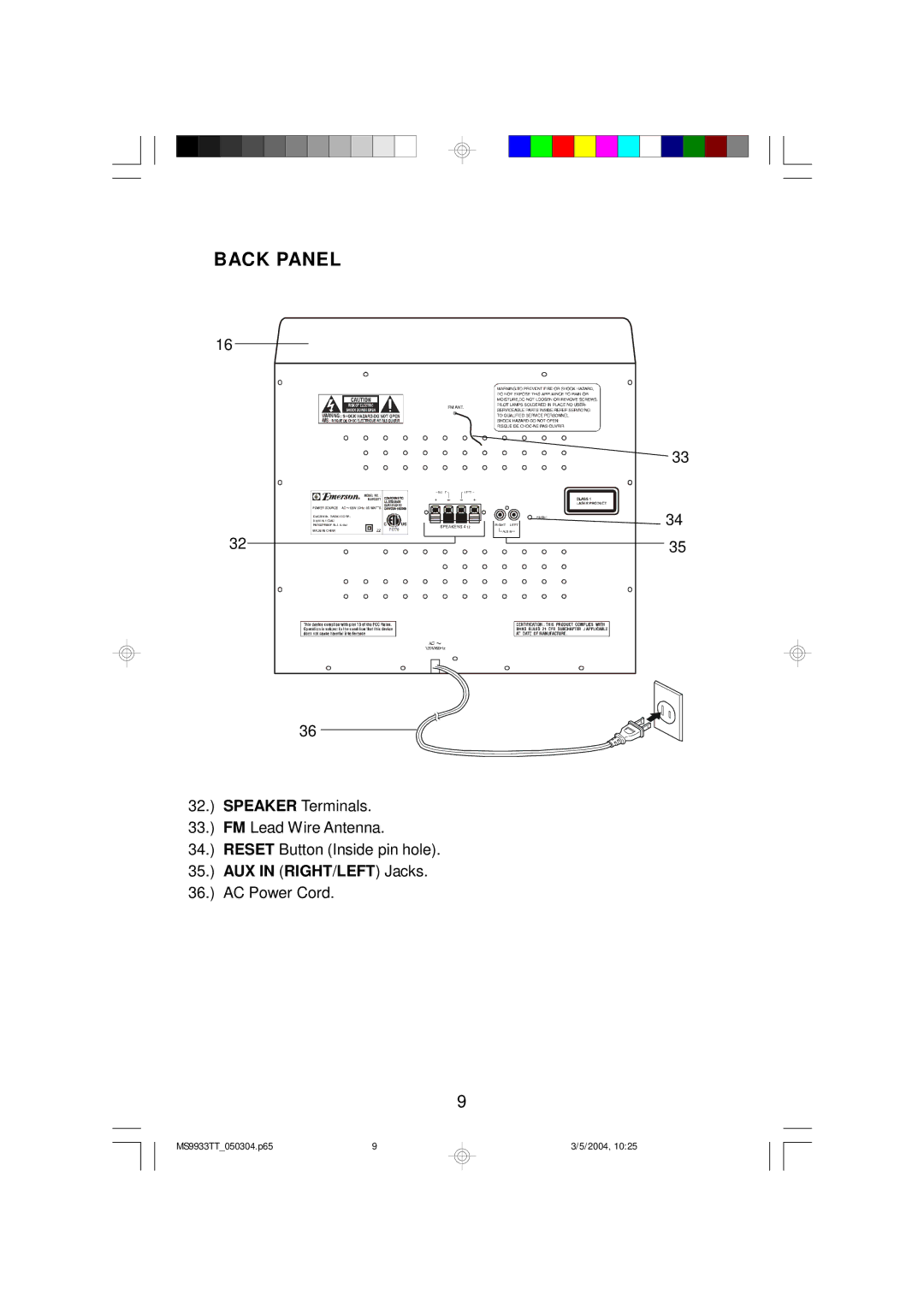 Emerson MS9933TT owner manual Back Panel 