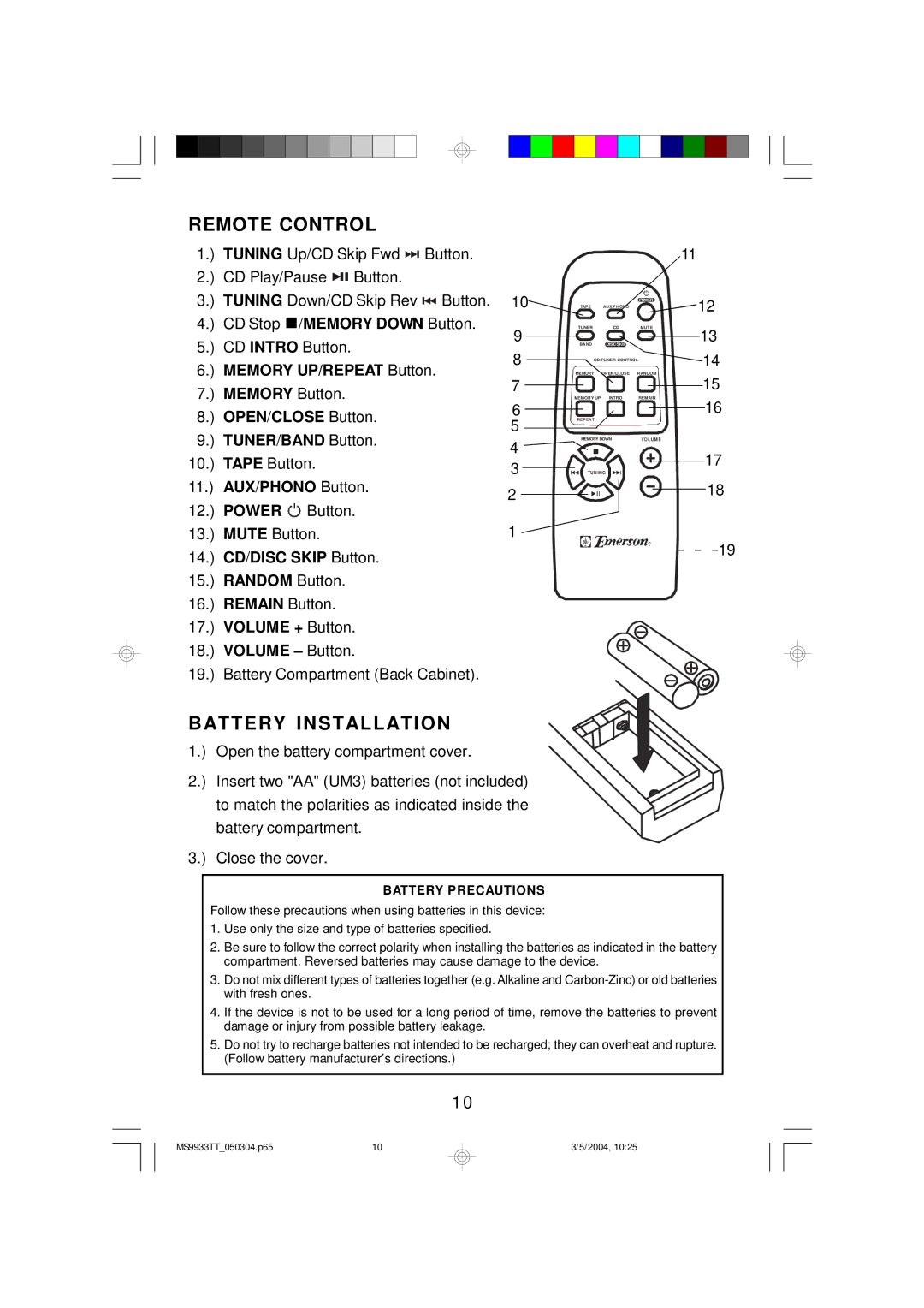 Emerson MS9933TT owner manual Remote Control, Battery Installation 