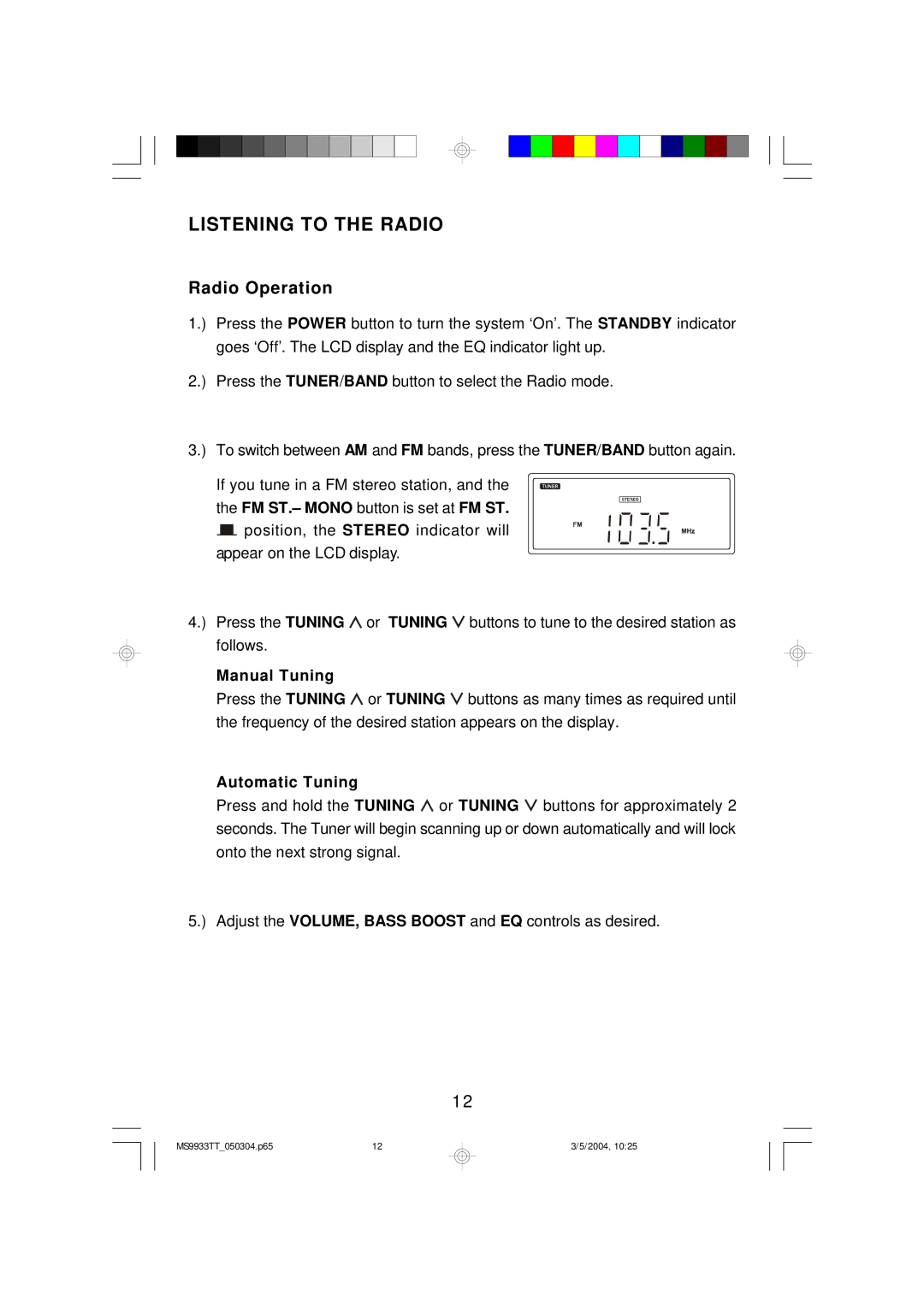 Emerson MS9933TT owner manual Listening to the Radio, Radio Operation 