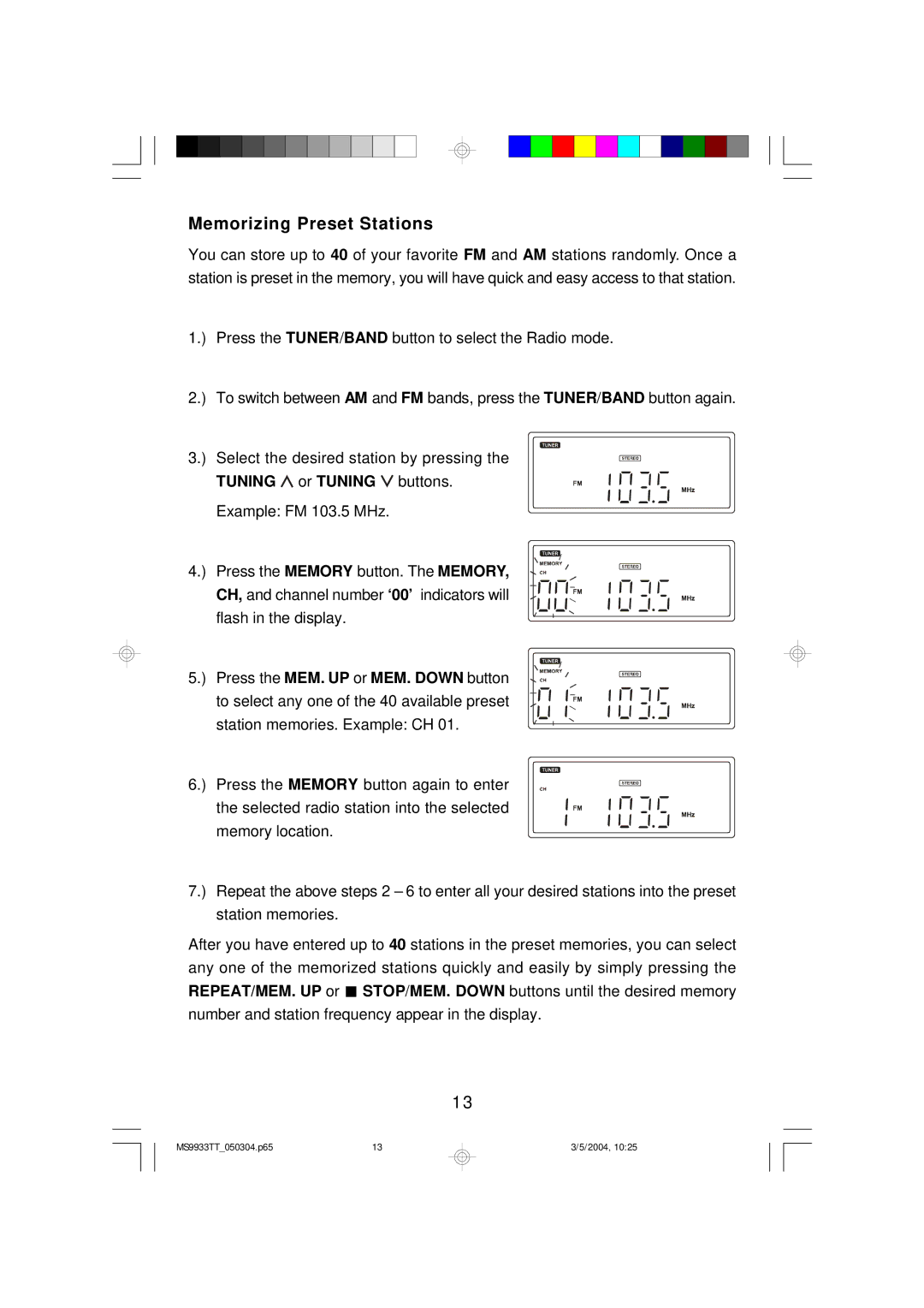 Emerson MS9933TT owner manual Memorizing Preset Stations 