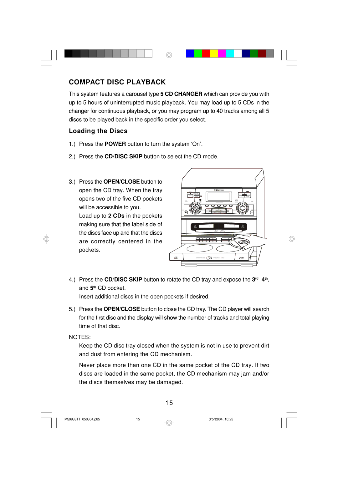 Emerson MS9933TT owner manual Compact Disc Playback, Loading the Discs 