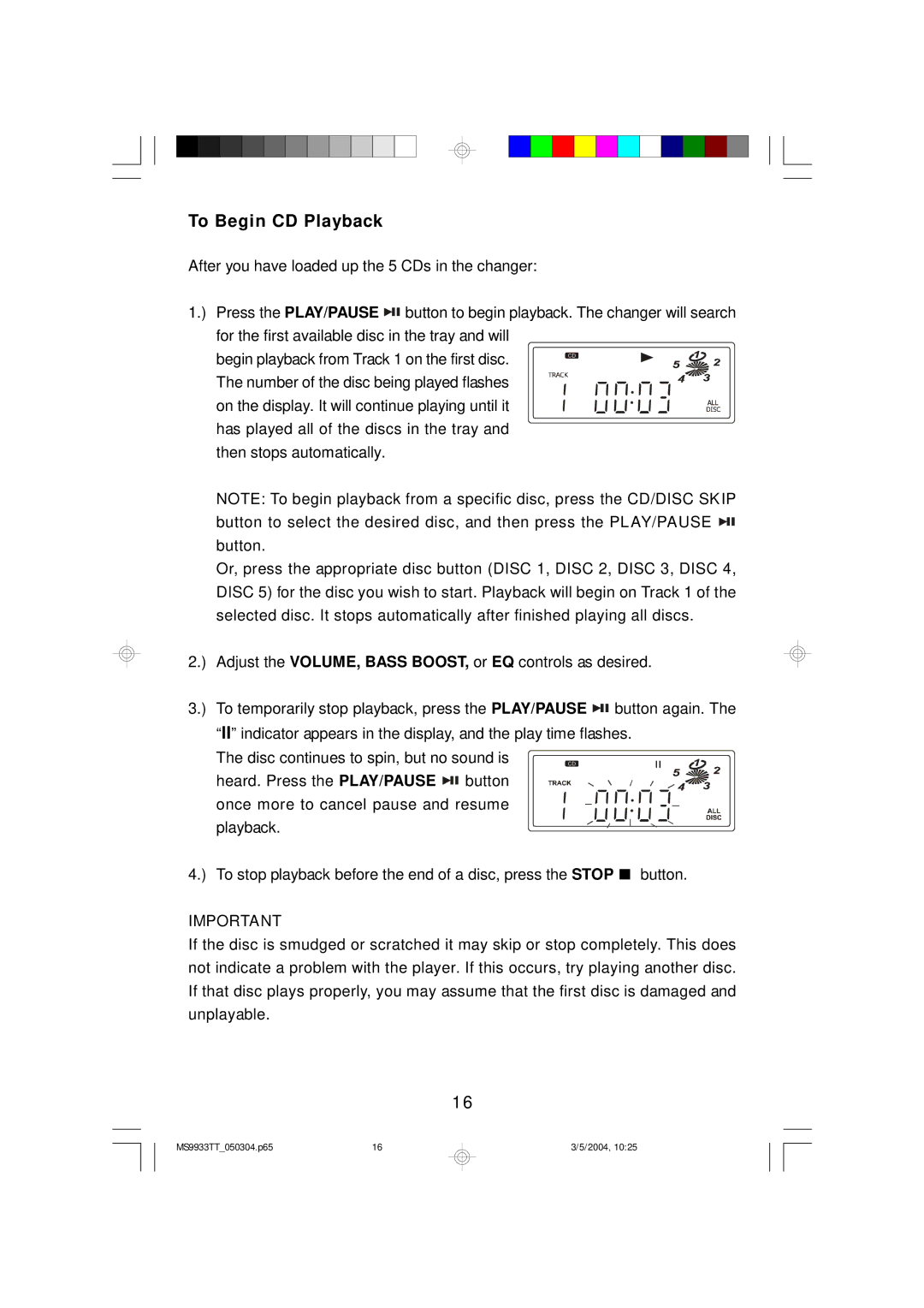 Emerson MS9933TT owner manual To Begin CD Playback 