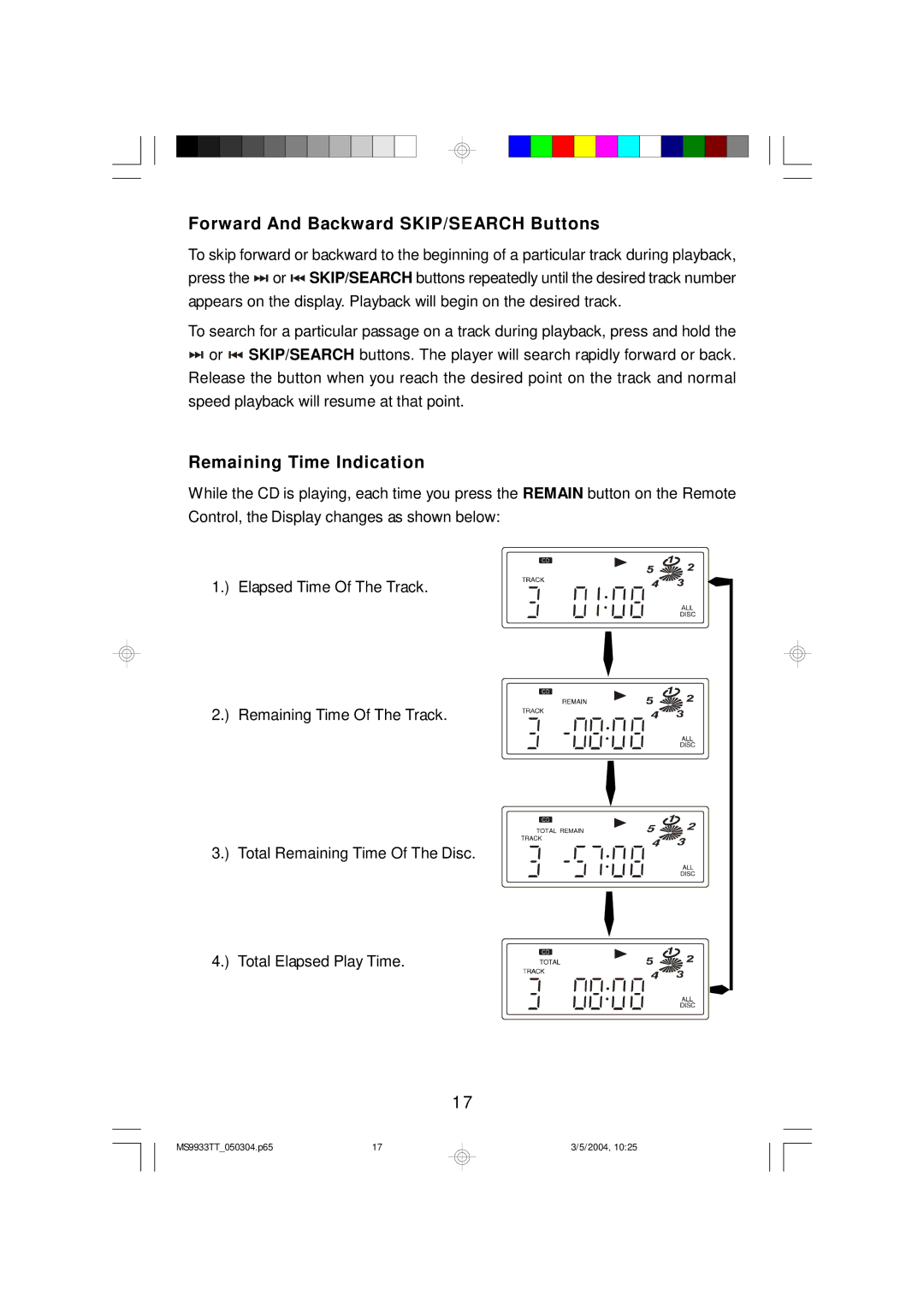 Emerson MS9933TT owner manual Forward And Backward SKIP/SEARCH Buttons, Remaining Time Indication 