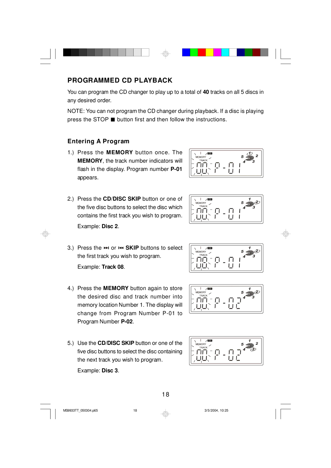 Emerson MS9933TT owner manual Programmed CD Playback, Entering a Program 