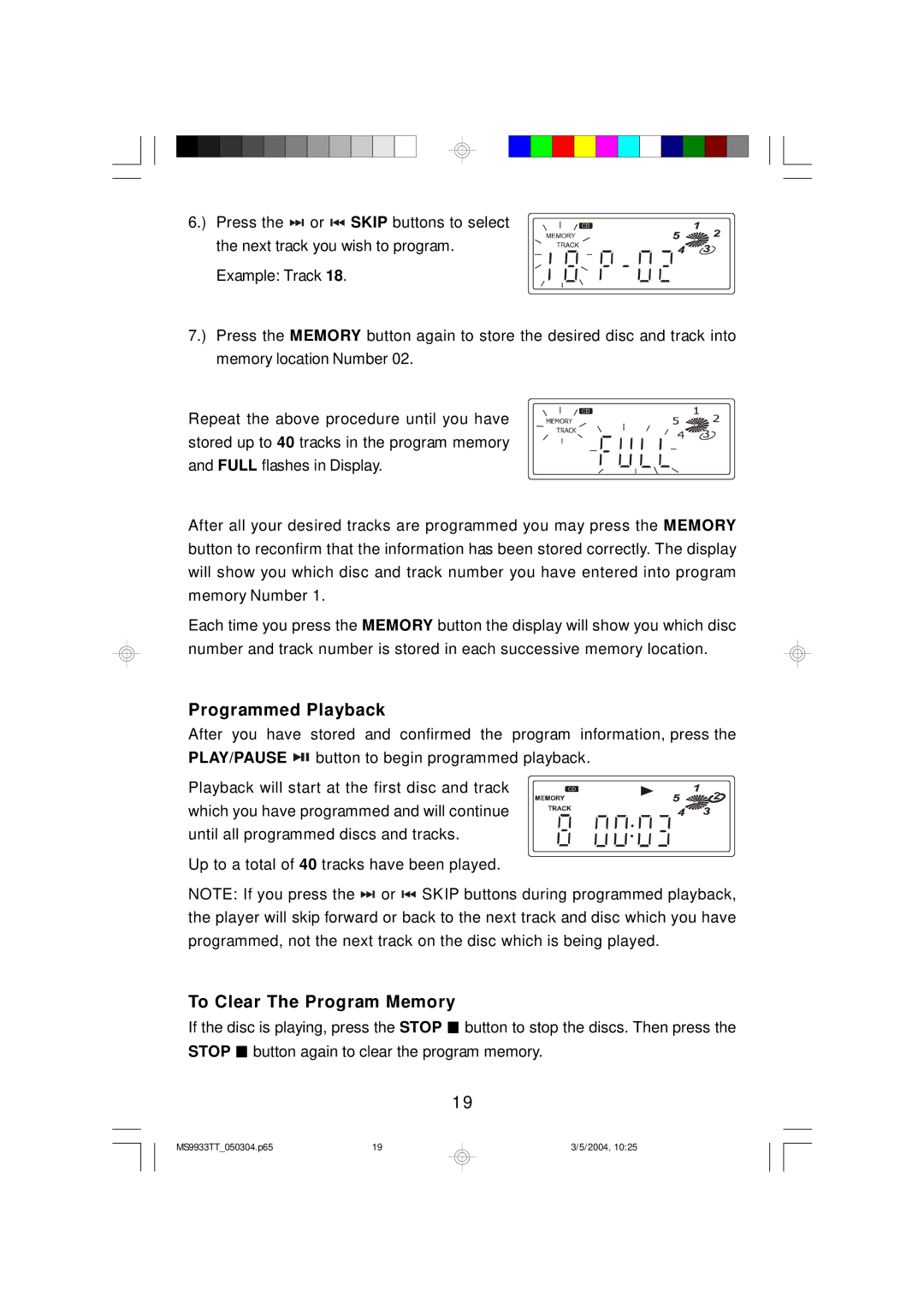 Emerson MS9933TT owner manual Programmed Playback, To Clear The Program Memory 