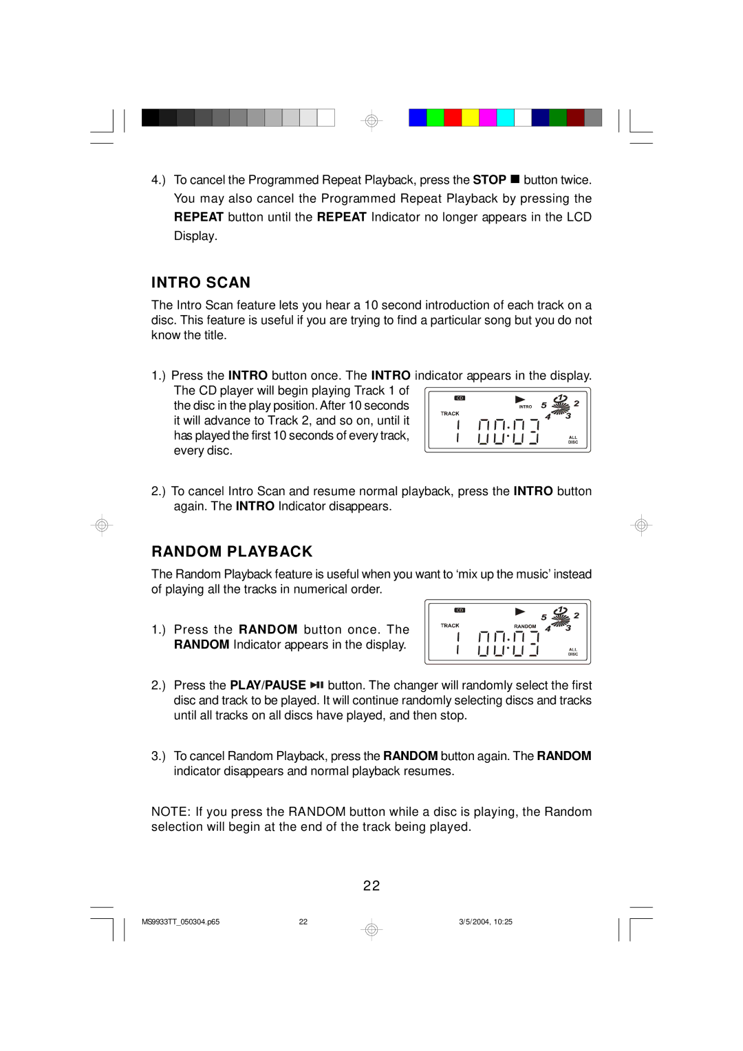 Emerson MS9933TT owner manual Intro Scan, Random Playback 