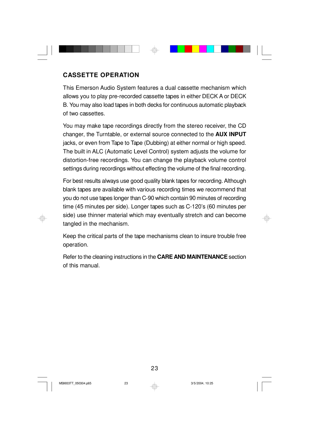 Emerson MS9933TT owner manual Cassette Operation 