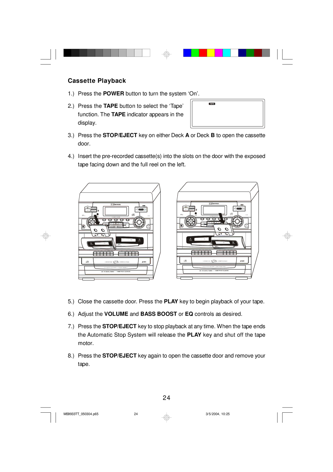 Emerson MS9933TT owner manual Cassette Playback 