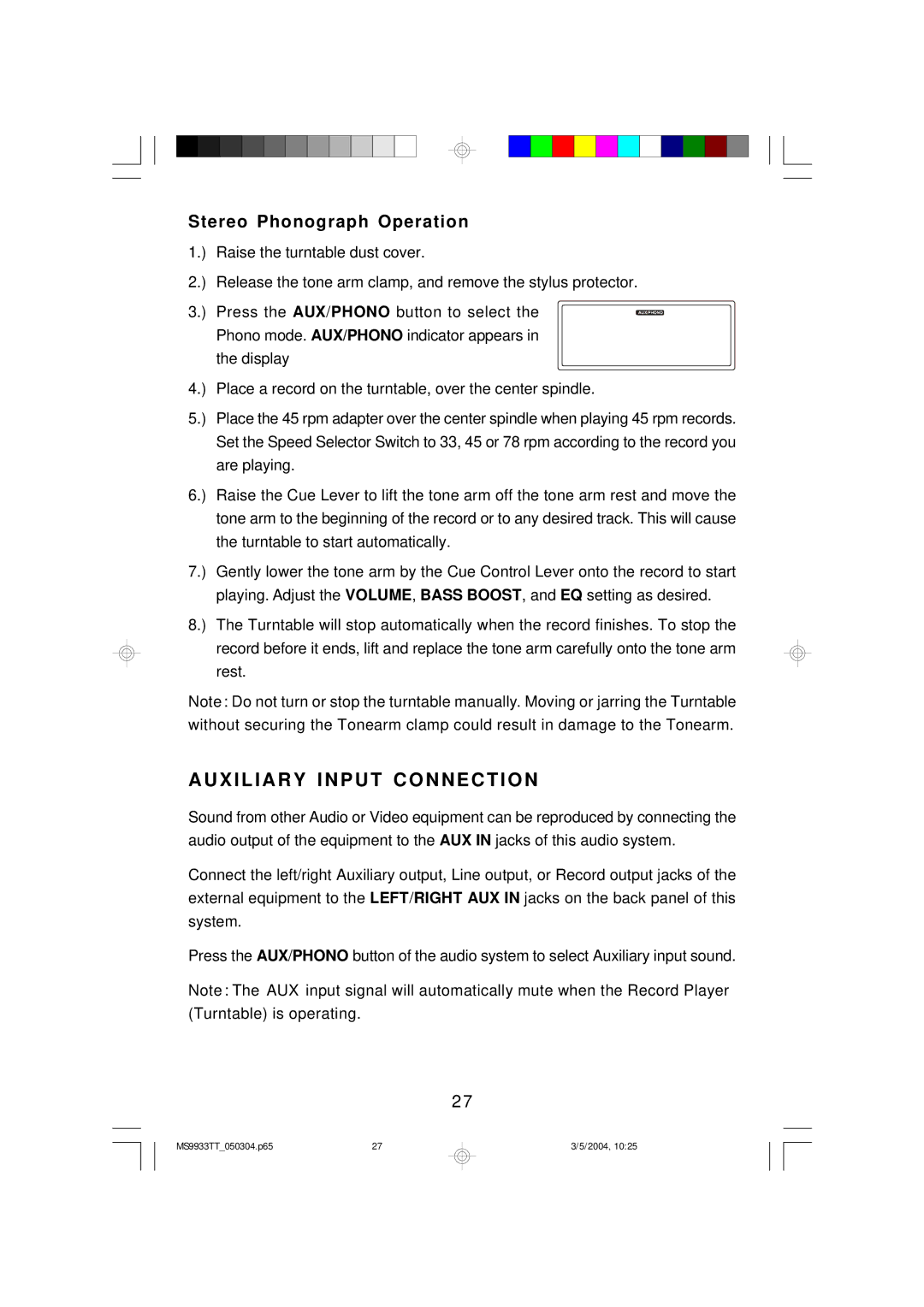 Emerson MS9933TT owner manual Auxiliary Input Connection, Stereo Phonograph Operation 