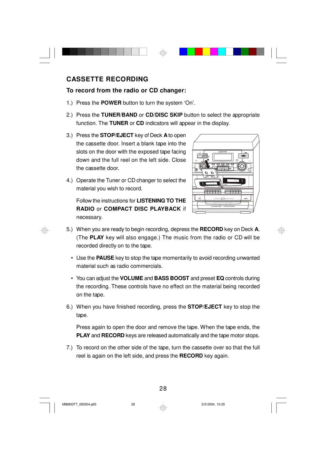 Emerson MS9933TT owner manual Cassette Recording, To record from the radio or CD changer 