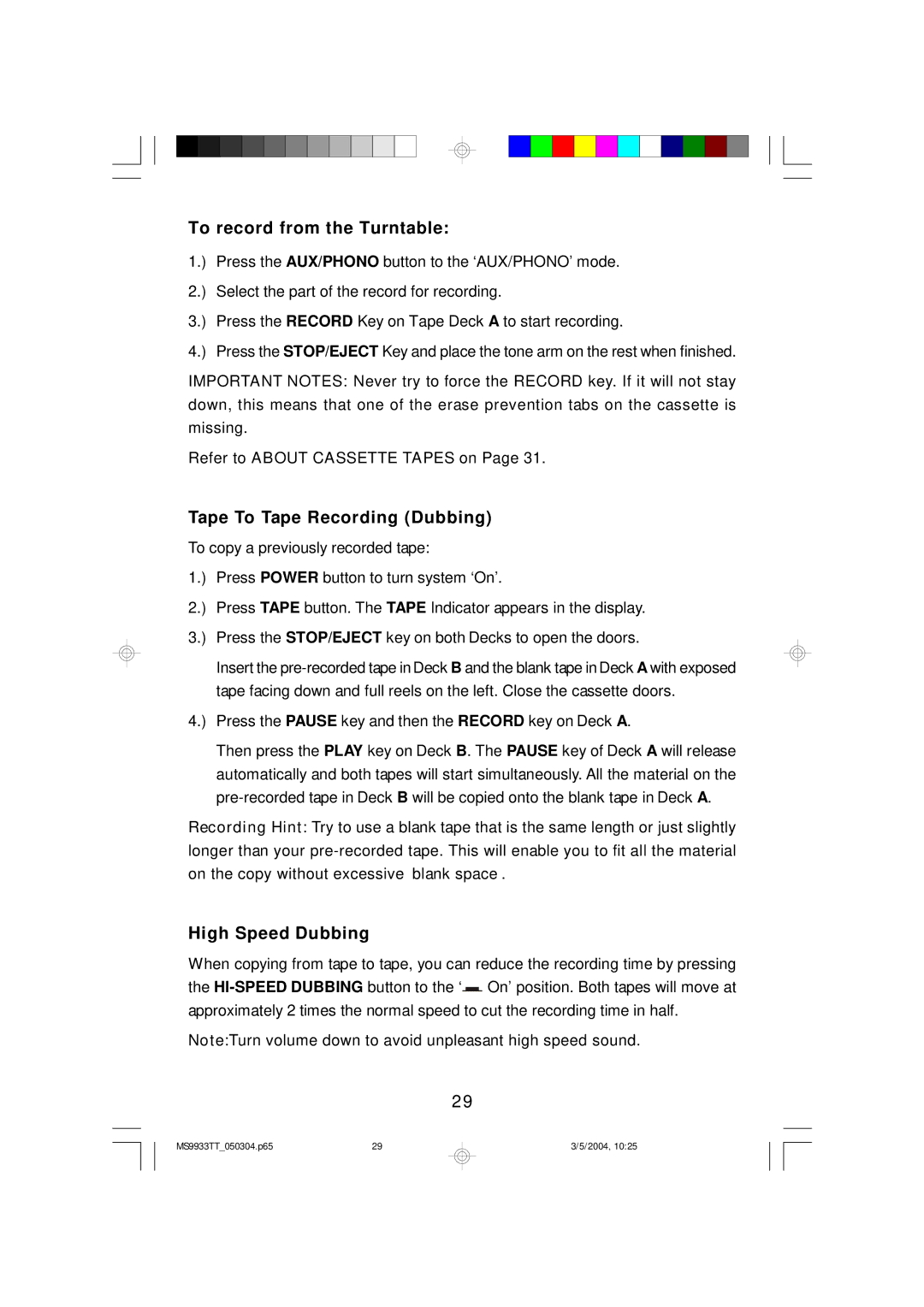 Emerson MS9933TT owner manual To record from the Turntable, Tape To Tape Recording Dubbing, High Speed Dubbing 