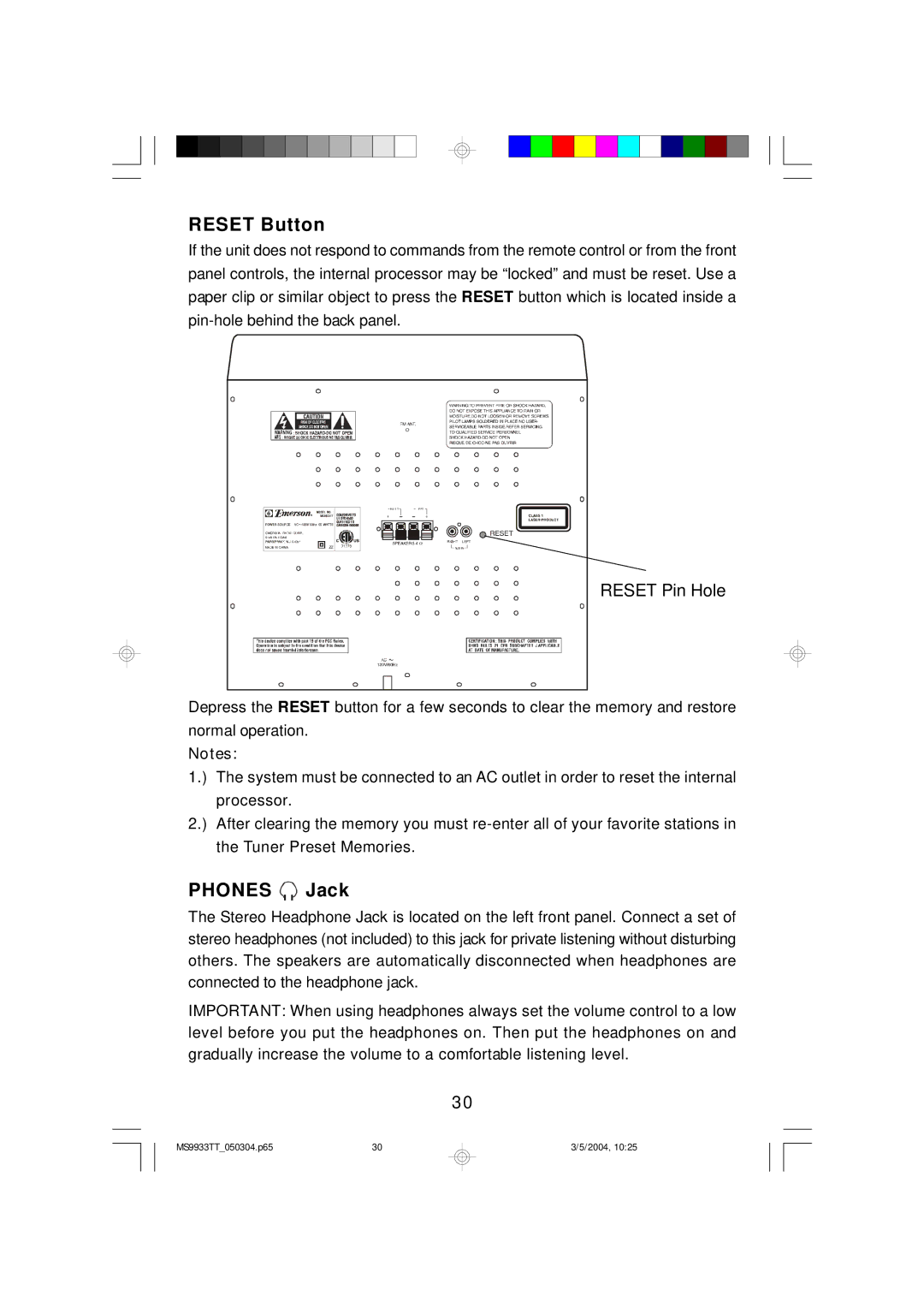 Emerson MS9933TT owner manual Reset Button 