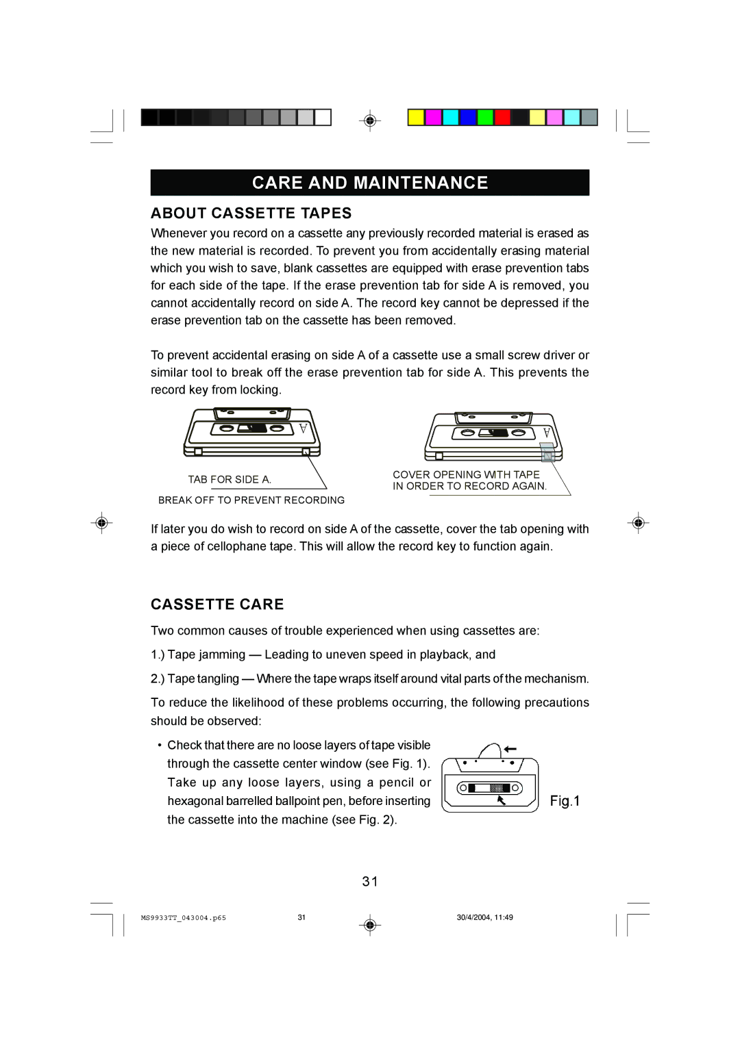 Emerson MS9933TT owner manual About Cassette Tapes, Cassette Care 