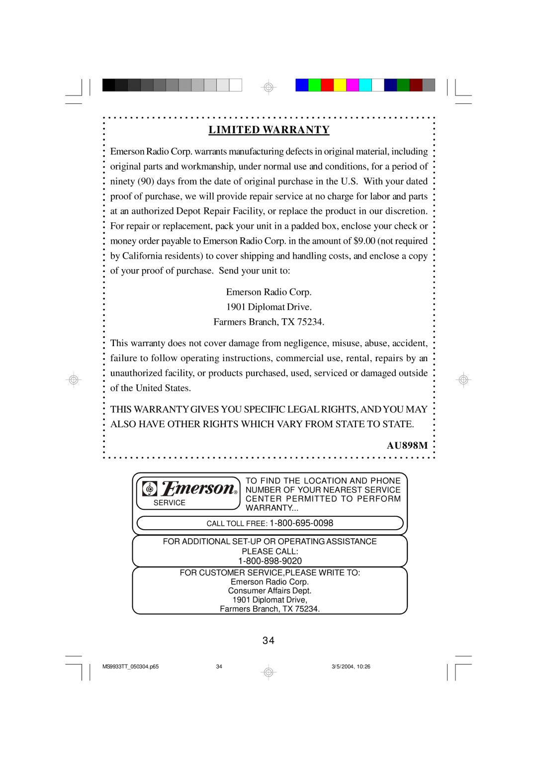 Emerson MS9933TT owner manual Limited Warranty 