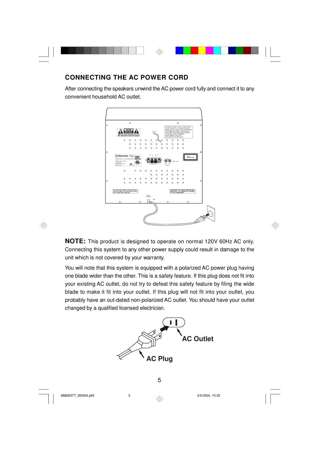 Emerson MS9933TT owner manual AC Outlet AC Plug, Connecting the AC Power Cord 