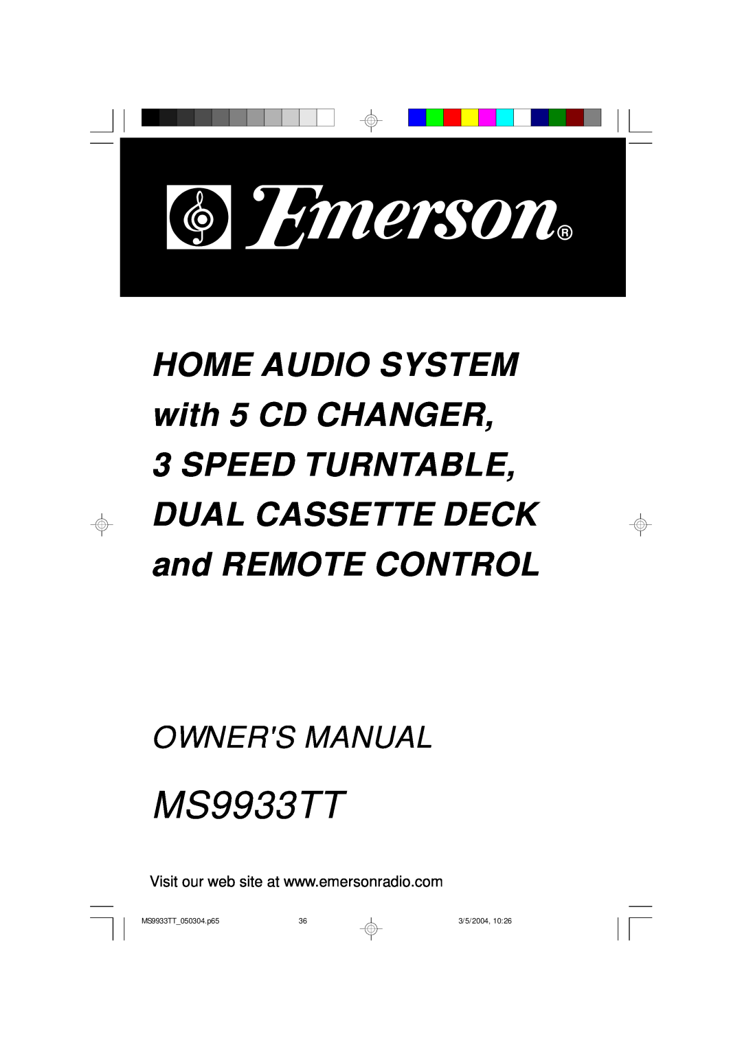 Emerson owner manual HOME AUDIO SYSTEM with 5 CD CHANGER, MS9933TT 050304.p65, 3/5/2004 