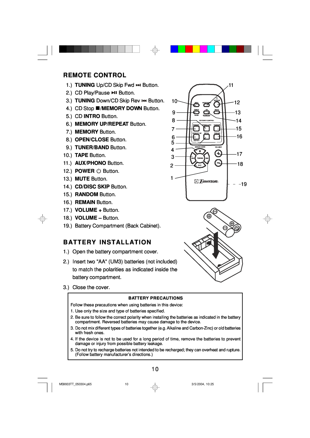 Emerson MS9933TT owner manual Remote Control, Battery Installation 