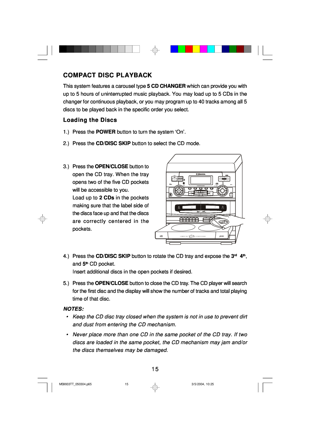 Emerson MS9933TT owner manual Compact Disc Playback, Loading the Discs 