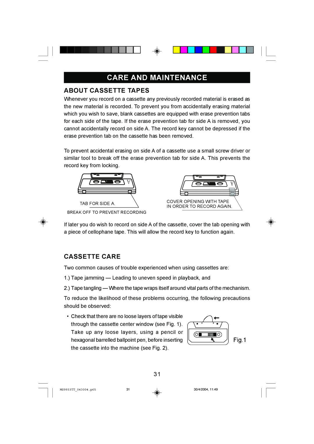 Emerson MS9933TT owner manual Care And Maintenance, About Cassette Tapes, Cassette Care 