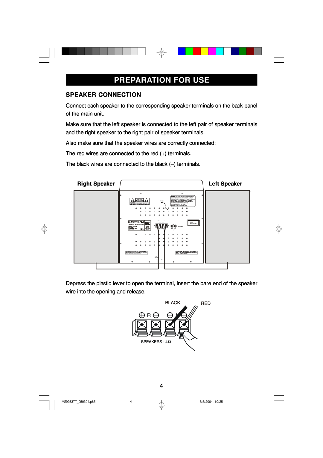 Emerson MS9933TT owner manual Preparation For Use, Speaker Connection 