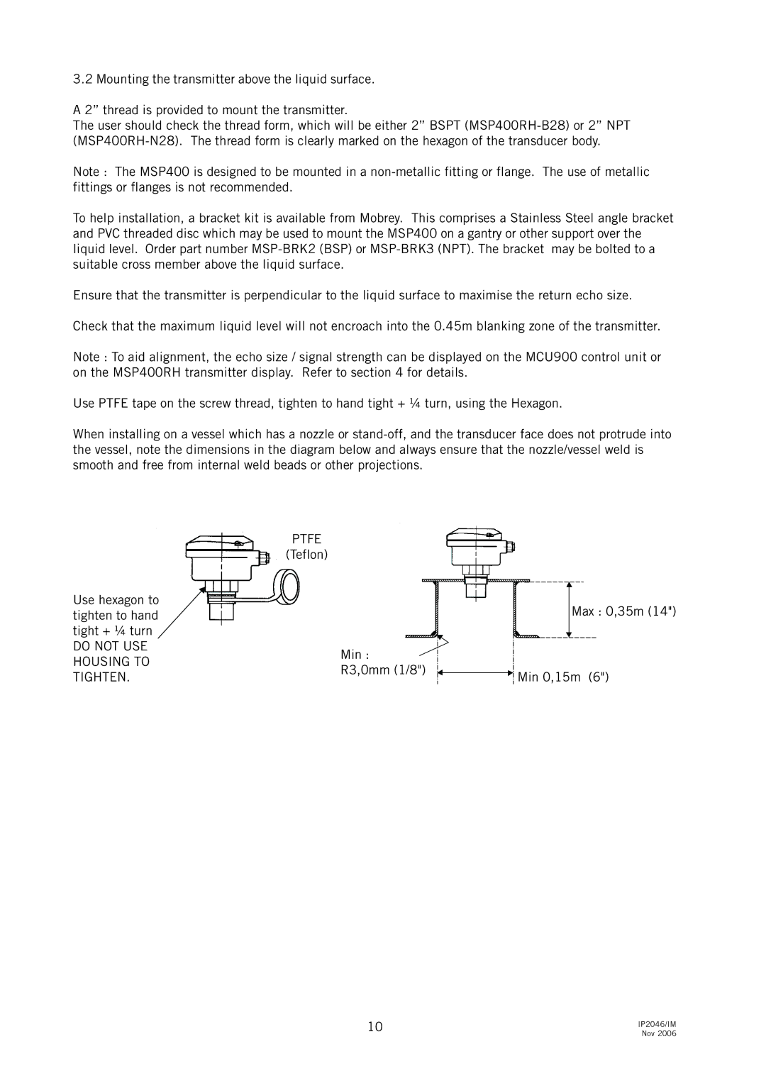 Emerson MSP400RH, IP2046IM manual Do not USE Housing to Tighten Ptfe 