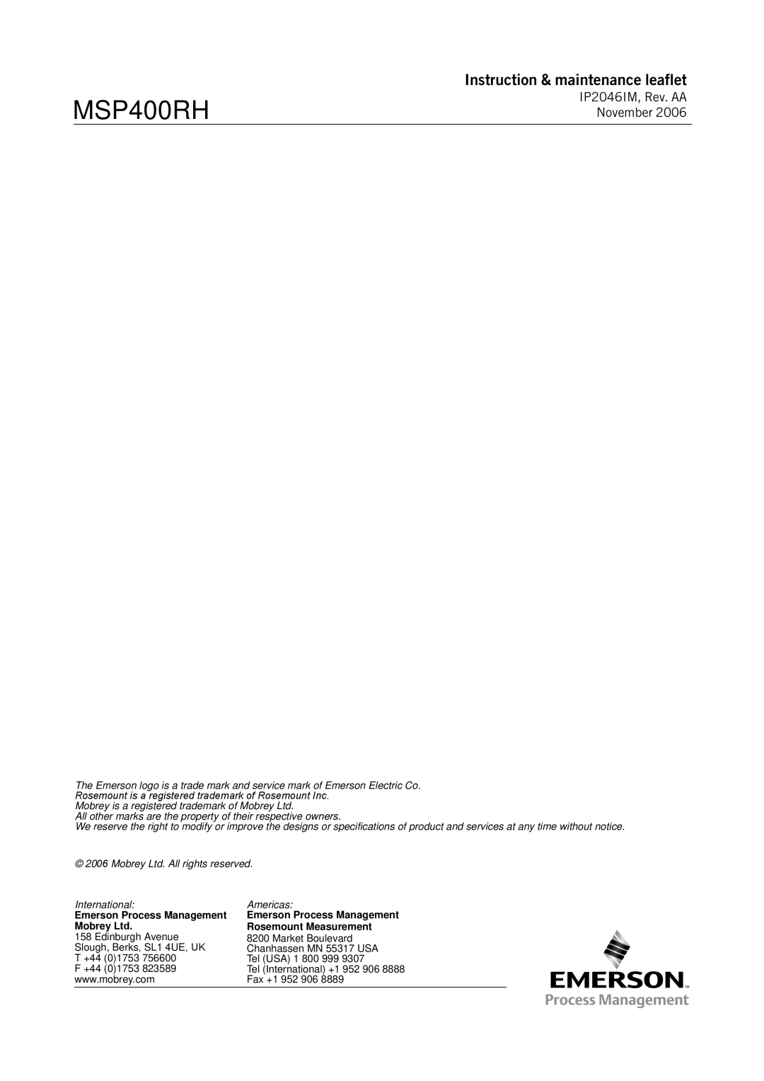 Emerson MSP400RH, IP2046IM manual Instruction & maintenance leaflet 