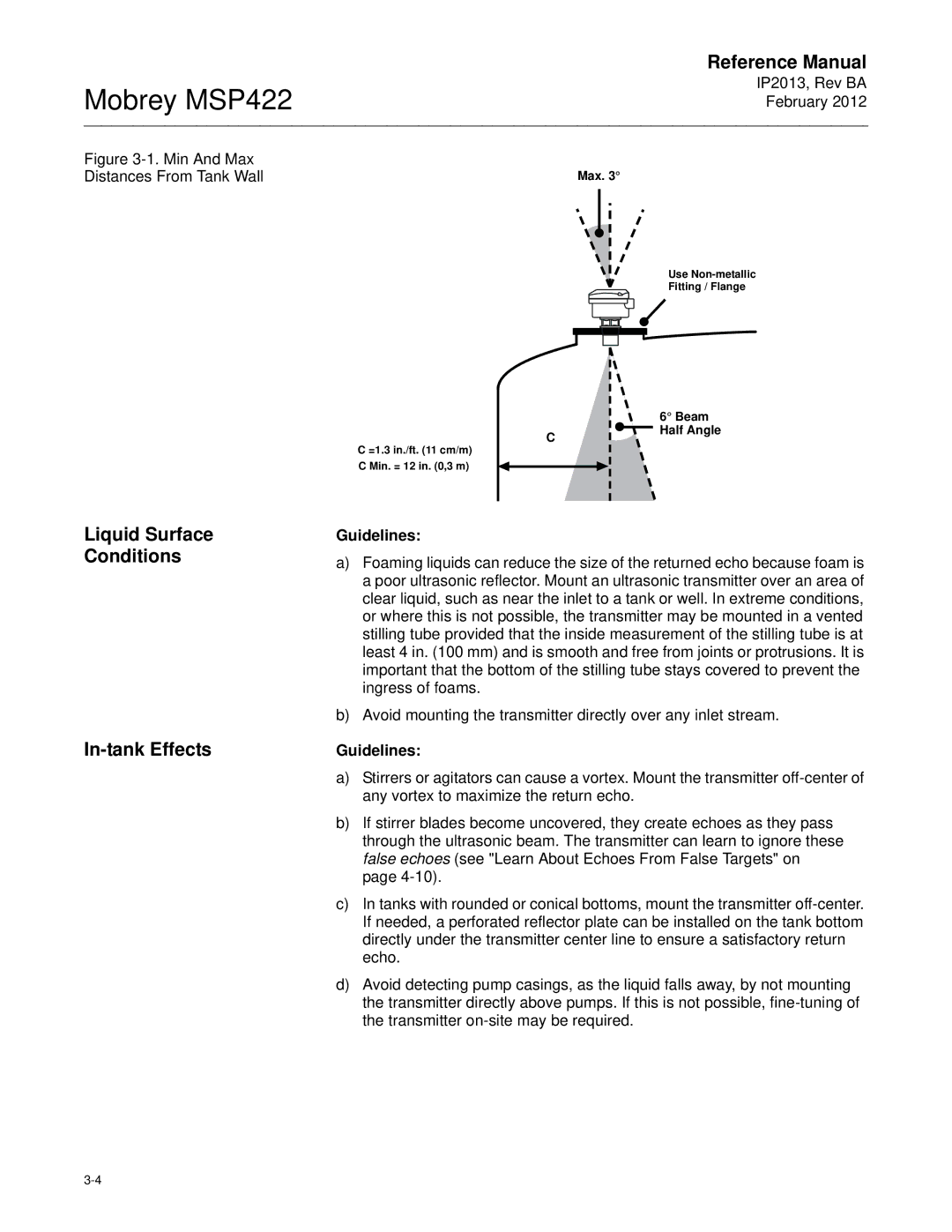 Emerson MSP422 manual Liquid Surface Conditions In-tank Effects, Min And Max Distances From Tank Wall 