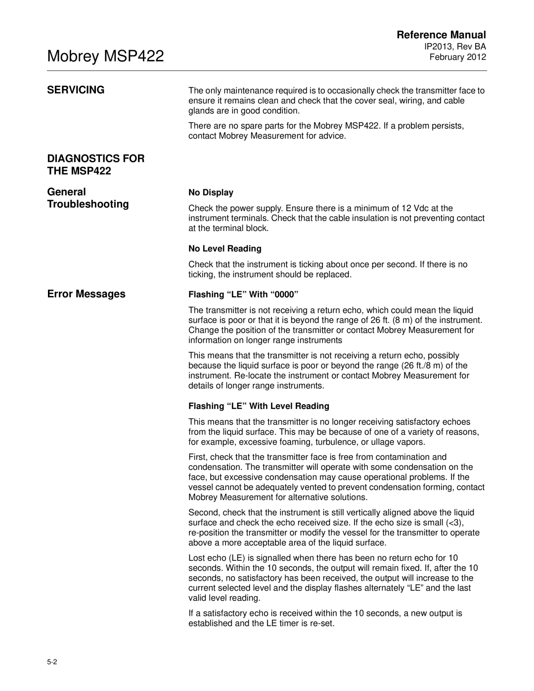 Emerson manual Servicing, Diagnostics for the MSP422, General Troubleshooting Error Messages 