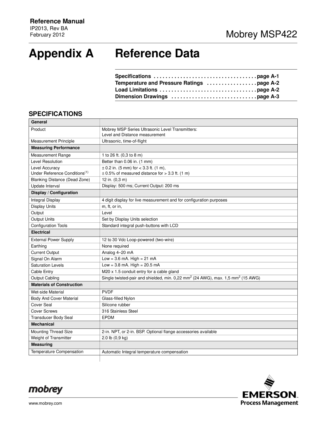 Emerson MSP422 manual Appendix a Reference Data, Specifications, A-1, A-2, A-3 