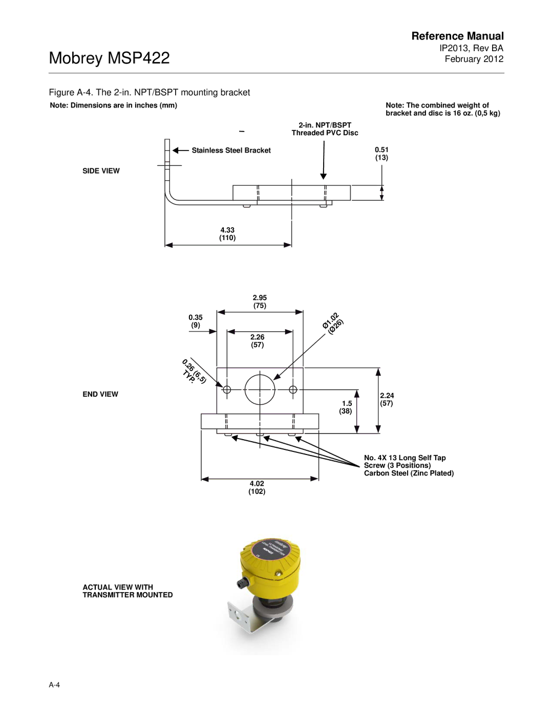 Emerson MSP422 manual Figure A-4. The 2-in. NPT/BSPT mounting bracket 