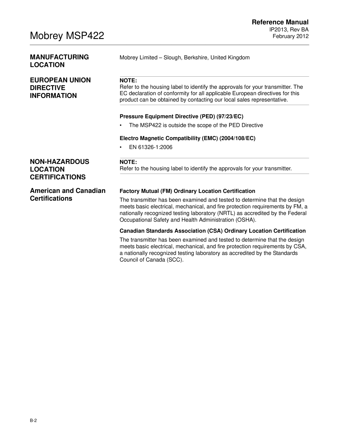 Emerson MSP422 manual Manufacturing Location European Union Directive Information, NON-HAZARDOUS Location Certifications 