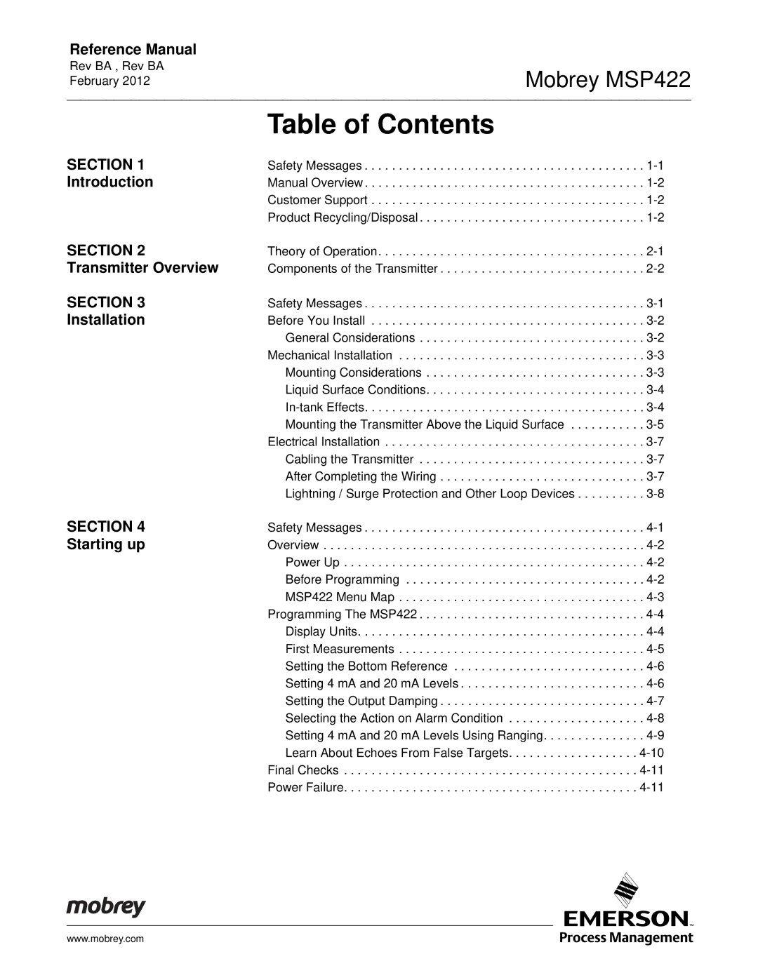 Emerson MSP422 manual Table of Contents 