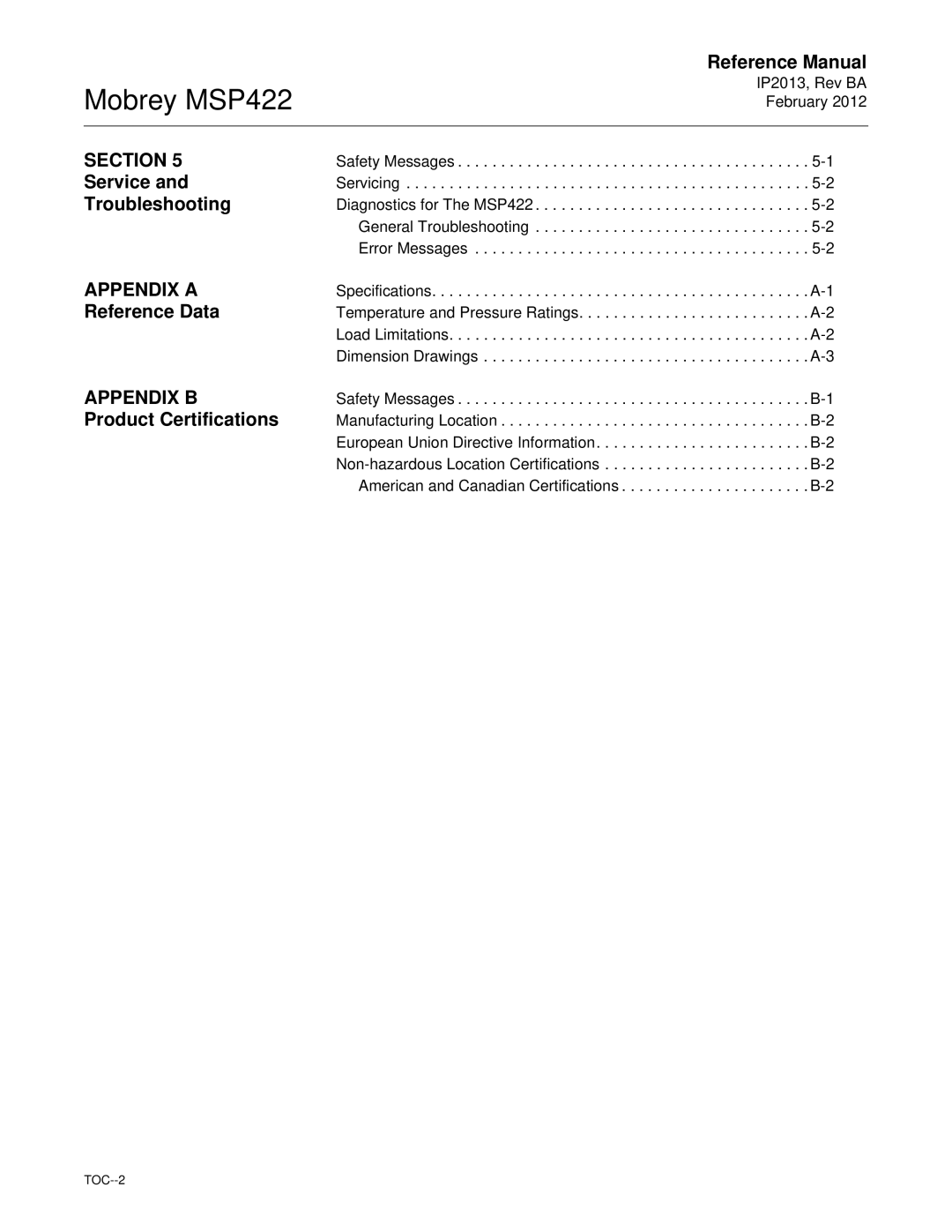 Emerson MSP422 manual Service Troubleshooting, Appendix a Reference Data, Appendix B Product Certifications 