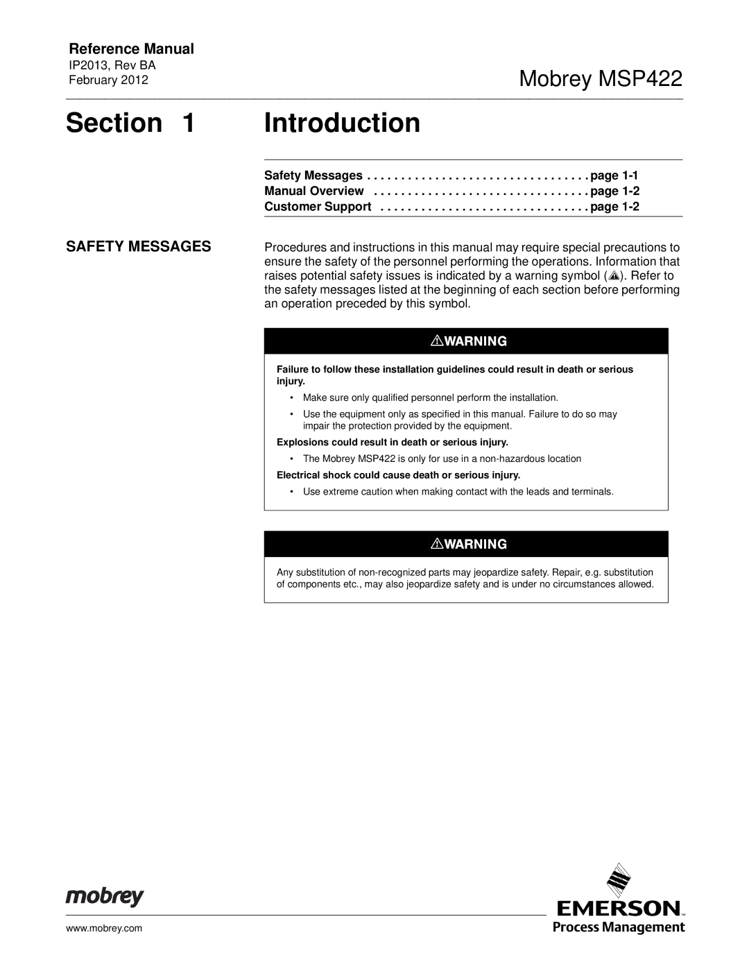 Emerson MSP422 manual Section Introduction, Safety Messages 