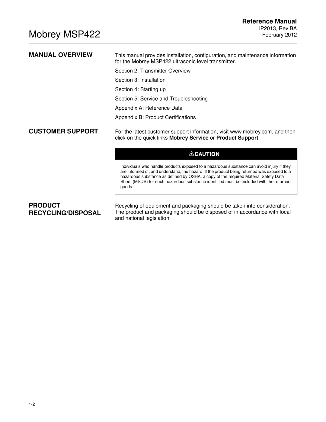 Emerson MSP422 manual Manual Overview Customer Support, Product, Recycling/Disposal 